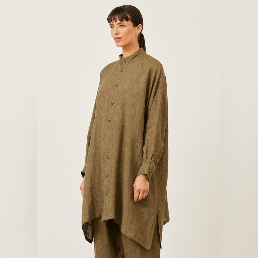Eskandar Linen Wide A-line Collarless Shirt - Very Long With Slits Size 1